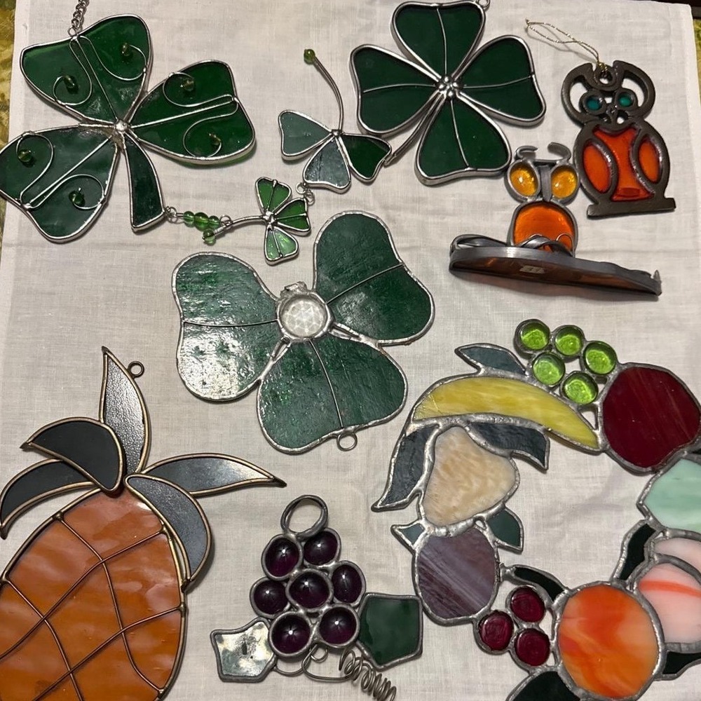 Vintage Stained Glass Suncatcher Lot Pineapple Fruit Wreath Shamrock Owl 8pc
